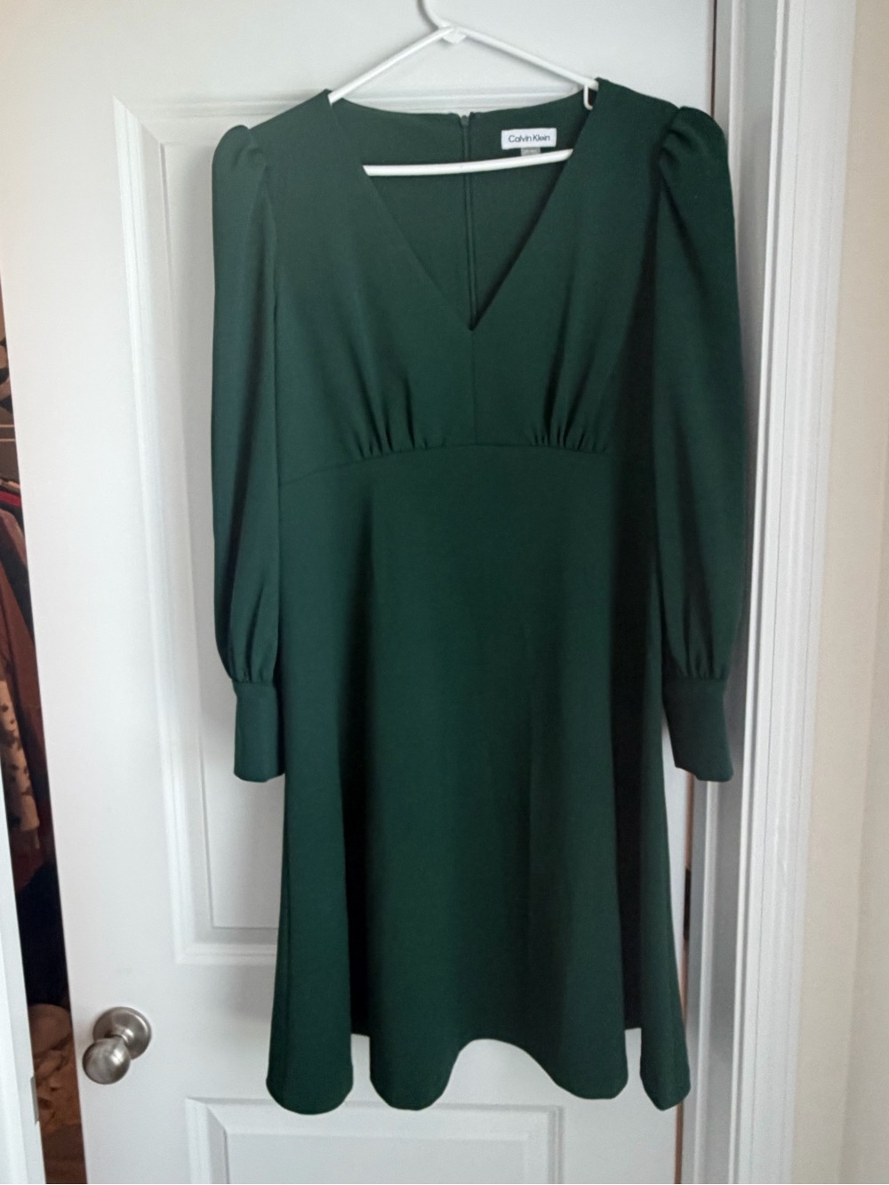 Calvin Klein Forest Green V-Neck Puff Sleeve Mini Dress